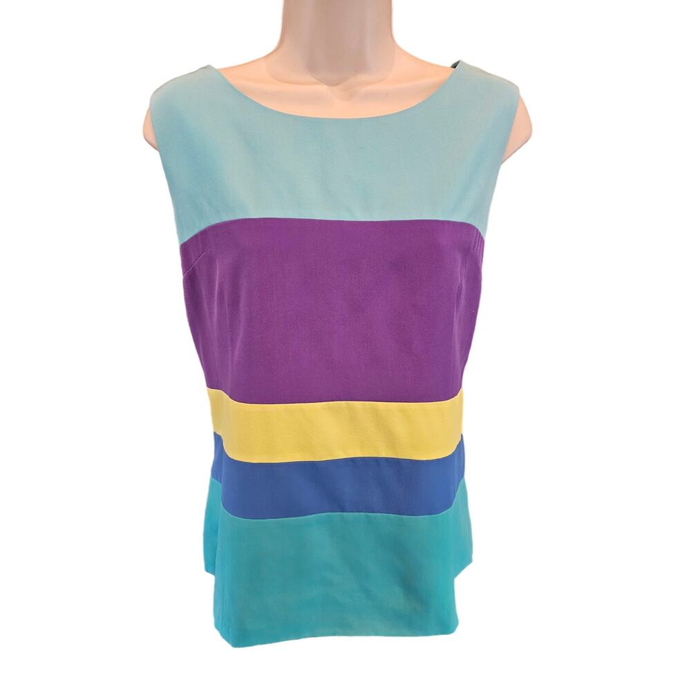 Vintage 100% silk color block sleevless blouse size 15/16 side zip lined top ^